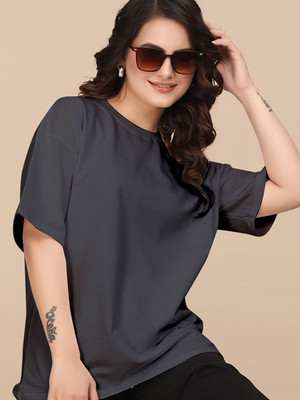 Moda Rapido Solid Women Round Neck Grey T-Shirt