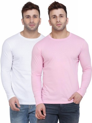 Kroptee Solid Men Round Neck White, Pink T-Shirt