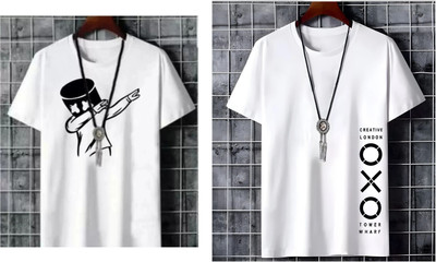 Meetri Printed Men Round Neck White T-Shirt