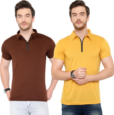 JB Jagoboy Solid Men Polo Neck Gold, Brown T-Shirt