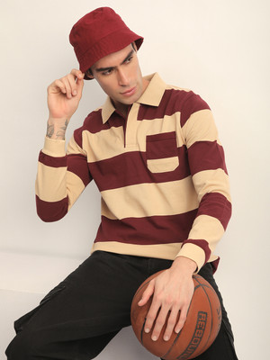 DILLINGER Striped Men Polo Neck Beige, Blue T-Shirt