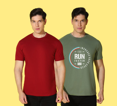 WOOSTRO Solid Men Round Neck Red, Green T-Shirt