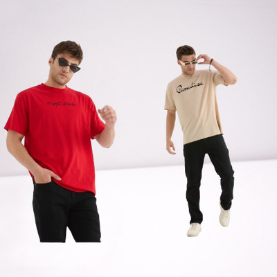 BLAKSTON Printed Men Round Neck Beige, Red T-Shirt