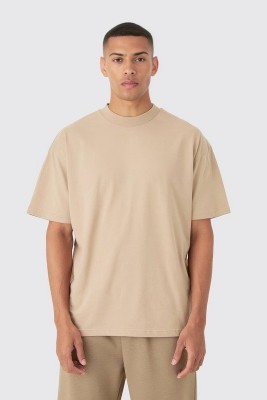 Urban Drip Solid Men Round Neck Beige T-Shirt