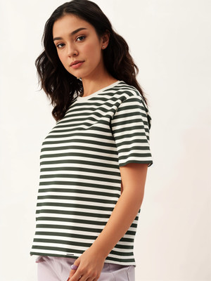 MACK JONNEY Striped Women Round Neck Green, White T-Shirt