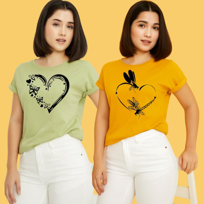 Kintu Parantu Printed Women Round Neck Green, Yellow T-Shirt