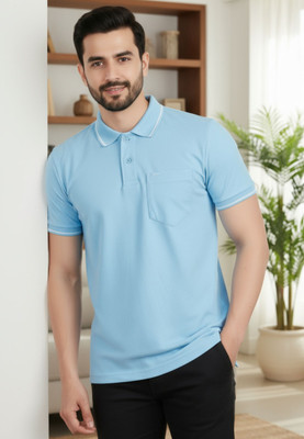 DeerHead Solid Men Round Neck Light Blue T-Shirt