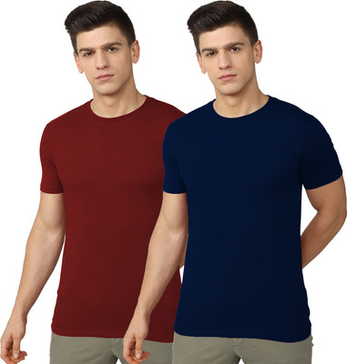 RULEDBYSUN Solid Men Round Neck Maroon, Blue T-Shirt