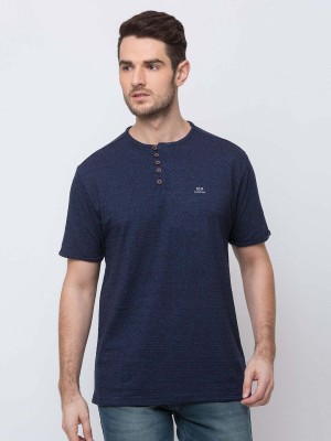 Status Quo Self Design Men Henley Neck Navy Blue T-Shirt