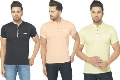 JB Jagoboy Solid Men Henley Neck Black, Orange, Yellow T-Shirt
