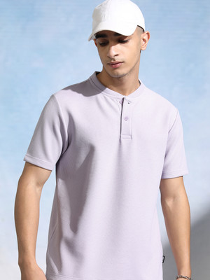 HIGHLANDER Self Design Men Henley Neck Purple T-Shirt