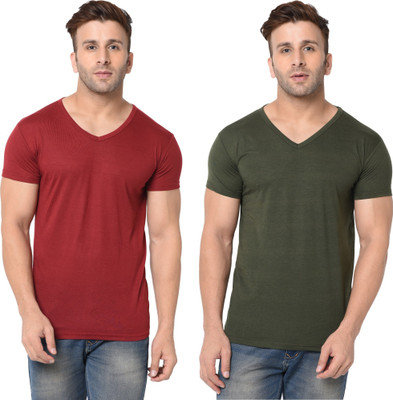 Tresna Trending Solid Men V Neck Dark Green, Maroon T-Shirt