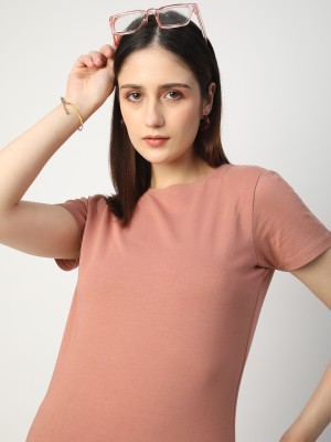 R&B Solid Women Round Neck Pink T-Shirt