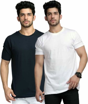 Uniplanet Store Solid Men Round Neck Dark Blue, White T-Shirt