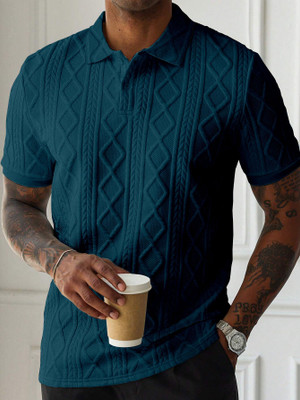 PRAIZY Self Design Men Polo Neck Blue T-Shirt