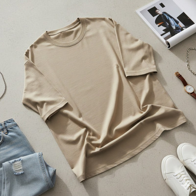 Royal Rajvnshi Solid Women Round Neck Beige T-Shirt