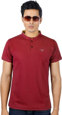 wewok Self Design, Solid, Sporty Men Mandarin Collar Maroon T-Shirt