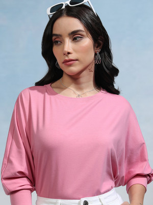 Tokyo Talkies Solid Women Round Neck Pink T-Shirt