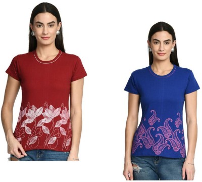 KAVYA Printed Women Round Neck Maroon, Dark Blue T-Shirt