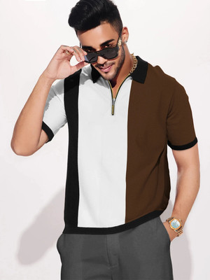 TRIPR Colorblock Men Zip Neck Multicolor T-Shirt