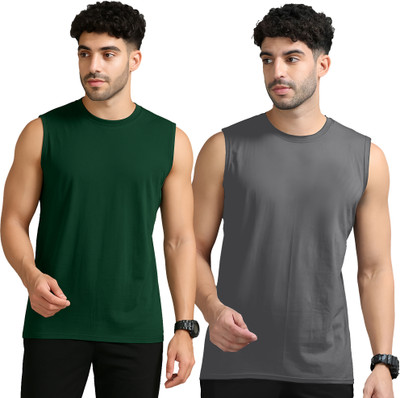 Adorbs Solid Men Round Neck Dark Green, Grey T-Shirt