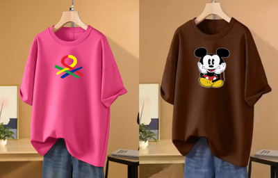 RAPTUROUS Printed Women Round Neck Pink, Brown T-Shirt