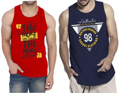 Restore Printed Men Scoop Neck Red, Dark Blue T-Shirt