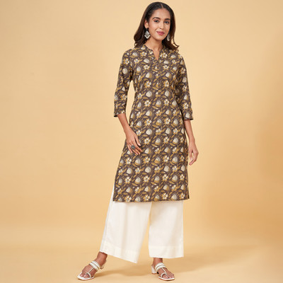 Rangmanch by Pantaloons Women Printed Straight Kurta(Brown, Beige, Yellow)