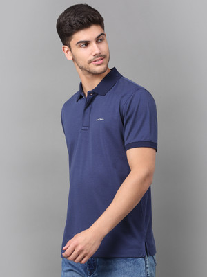 LOUIS STITCH Solid Men Polo Neck Navy Blue T-Shirt
