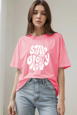 etsun Typography Women Round Neck Pink T-Shirt