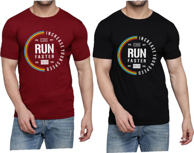 WOOSTRO Printed Men Round Neck Maroon, Black T-Shirt