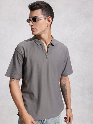 WROGN Self Design Men Polo Neck Grey T-Shirt