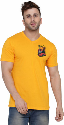 Lawful Casual Printed Men V Neck Yellow T-Shirt