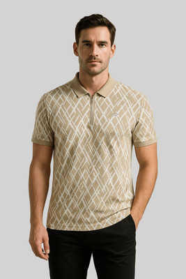 GO BIRDY Printed Men Polo Neck Beige T-Shirt
