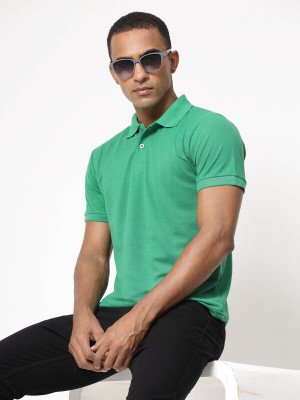 Fundoo Solid Men Polo Neck Green T-Shirt