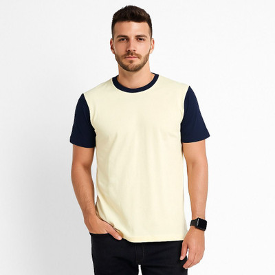 Gayen Solid Men Round Neck Navy Blue, Yellow T-Shirt