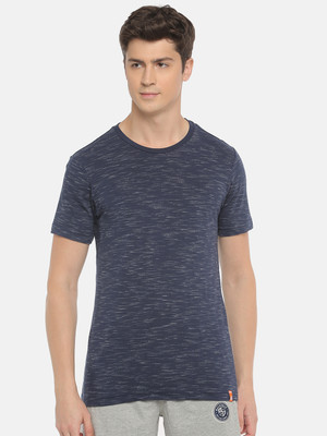 Macroman M-Series Self Design Men Round Neck Navy Blue T-Shirt