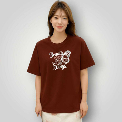 Stylicity Printed Women Round Neck Brown T-Shirt