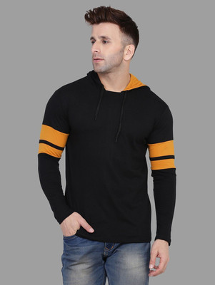 Money Leaf Solid Men Hooded Neck Black, Yellow T-Shirt
