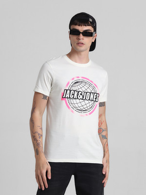 JACK & JONES Printed, Typography Men Round Neck White T-Shirt