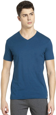 JOCKEY Solid Men V Neck Blue T-Shirt