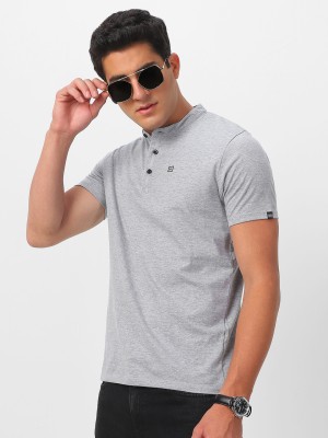 Urbano Fashion Solid Men Mandarin Collar Grey T-Shirt