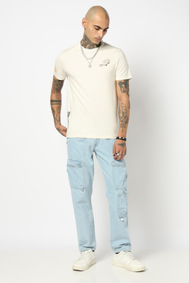 Blue Buddha Graphic Print Men Round Neck Beige T-Shirt