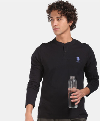 U.S. POLO ASSN. Solid Men Henley Neck Black T-Shirt