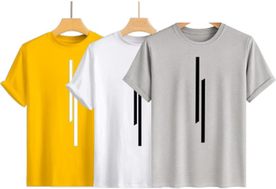 Misty Creation Printed, Self Design Men Round Neck Yellow, White, Grey T-Shirt