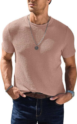 BOOM BAAM Self Design Men Round Neck Orange T-Shirt