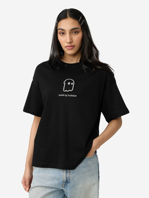 The Souled Store Self Design Women Round Neck Black T-Shirt