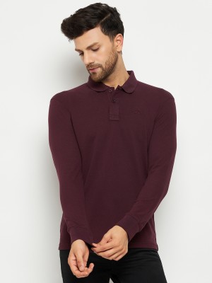 98 Degree North Solid Men Polo Neck Maroon T-Shirt