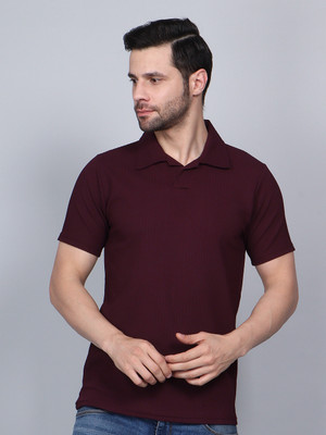 urban trees Self Design Men Polo Neck Maroon T-Shirt