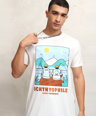 HIGHLANDER Printed Men Round Neck White T-Shirt